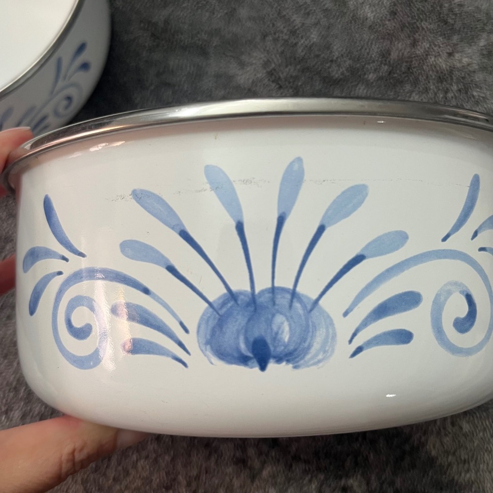 Vintage Lincoware Enamel Nesting Bowls Set of 3 Blue Onion Floral White Lids - Picture 6 of 6